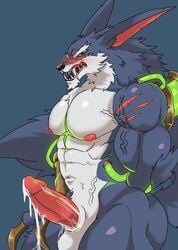 1boy after_masturbation animal_genitalia annoyed ass balls biceps big_butt big_muscles blush bodily_fluids canid canine canis claws cum cum_on_balls cum_on_penis erection genital_fluids genitals ho_tdoug league_of_legends looking_at_viewer male male_only mammal muscular muscular_male nipples open_mouth orgasm pecs penis saliva scar sheath simple_background solo vein veiny_muscles warwick wolf