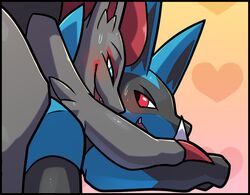 anthro blitzdrachin blue_eyes bodily_fluids canid conditional_dnp cropped duo half-closed_eyes hand_holding heart looking_back lucario mammal narrowed_eyes nintendo pokemon pokemon_(species) red_eyes suggestive sweat video_games zoroark