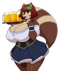 alcohol anthro beauty_mark beer beverage big_breasts breasts canid canine cleavage clothed clothing futanari genitals gynomorph huge_breasts hyper hyper_breasts intersex kally_(tits) mammal penis raccoon_dog solo tanuki unknown_artist