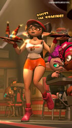 3d beer big_breasts big_butt callie_(splatoon) eyes_open food hooters humanoid inkling leviantan581re nintendo octoling restaurant running rush shirt shoes smooth_skin splatoon splatoon_2 tentacle