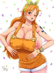 breasts_bigger_than_head cosplay female female_only huge_breasts mikanberry nami no_bra one_piece one_piece_film_stampede overalls overflowing_breasts pink_nipples solo solo_female undersized_clothes wink