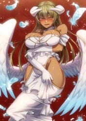 1girls absurdres albedo_(overlord)_(cosplay) alternate_costume bare_shoulders bare_thighs big_breasts blonde_hair blush breasts cluseller commission cosplay dark_skin dress embarrassed female fire_emblem fire_emblem:_the_binding_blade gloves highres hip_vent huge_filesize igrene_(fire_emblem) large_breasts long_hair looking_at_viewer nintendo open_mouth overlord_(maruyama) seiyuu_connection skeb_commission solo solo_female wings yellow_eyes