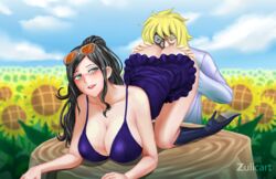 black_hair blonde_hair blue_eyes cavendish dress dressrosa eyewear_on_head female glasses_on_head long_hair male nico_robin one_piece sunglasses sunglasses_on_head tagme yellow_eyes yellow_hair zulicart