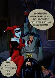 1boy 1girls batman batman:_the_animated_series batman_(series) blue_eyes bodysuit clothed clown_makeup cum cum_on_own_face dc dc_comics dcau dialogue dialogue_bubble elmrtev female femdom handjob harley_quinn harley_quinn_(classic) jester jester_cap lipstick male penis reverse_rape tied_up upside-down