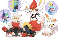 2021 ambiguous_gender anthro anus ass black_body blue_body blush cinderace cute_expression drizzile female first_person_view fur genitals heart hi_res inteleon lagomorph licking licking_lips looking_at_viewer mammal nintendo one_eye_closed open_mouth pokémon_(species) pokemon pokemon_(species) presenting presenting_anus presenting_hindquarters presenting_pussy prrrrrrmine pussy raboot red_body red_fur scorbunny semi-anthro simple_background sobble tongue tongue_out video_games white_background