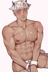 1boy 1male abs bara cow_boy cow_ears cow_horns cow_print dark-skinned_male erect_nipples male male_only muscular_male original pecs saen thighhighs