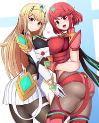 armor ass big_breasts blonde_hair earrings envelope gloves headpiece heart invitation jewelry letter looking_at_viewer mythra nintendo ponpo pyra red_eyes red_hair smash_invitation smile super_smash_bros. thick_thighs thigh_strap thighhighs xenoblade_(series) xenoblade_chronicles_2 yellow_eyes