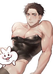 1boy big_nipples big_pecs crossdressing eye_scar facial_hair male_only moobs muscular_male original puffy_nipples saen scar thighhighs