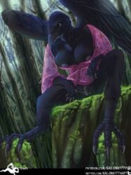 anthro asian_mythology avian bird breasts corvid corvus_(genus) crow crow_tengu demon east_asian_mythology female forest genitals japanese_mythology mythology non-mammal_breasts oscine passerine plant pussy salonkitty solo tengu text tree url yōkai