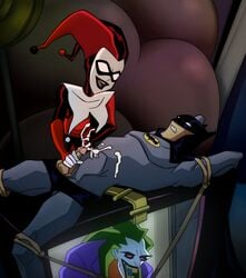 1girls 2boys batman batman_(series) black_lipstick bondage bound clothed cum dc_comics domino_mask elmrtev female_domination femdom handjob happy harley_quinn harley_quinn_(classic) harley_quinn_(the_batman) jester_cap laughing penis reverse_rape rope_bondage the_batman the_joker tied_up white_skin