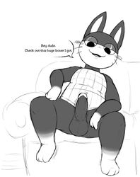 animal_crossing anthro balls black_body black_fur bottomless clothed clothing domestic_cat english_text erection felid feline felis fur furniture genitals half-closed_eyes humanoid_genitalia humanoid_penis locitony male male_only mammal monochrome narrowed_eyes nintendo open_mouth penis punchy_(animal_crossing) smile sofa solo text video_games whiskers