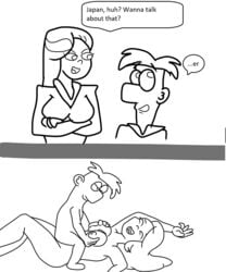 artist_request breasts comic disney ferb_fletcher hands_on_breasts laughing monochrome nipples paizuri phineas_and_ferb rough_sketch sitting_on_person speech_bubble tagme vanessa_doofenshmirtz