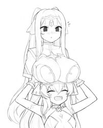 2girls best_friends breast_grab circlet cleavage epic7 female_only large_breasts long_hair luluca_(epic7) monochrome multiple_girls roana_(epic7) skimpy_clothes small_breasts unknown_artist veil video_games