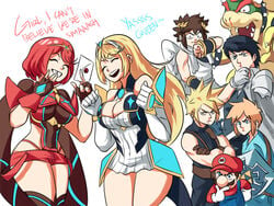 2girls 6boys arm_gloves bare_legs bare_shoulders blonde_hair boob_window bowser breath_of_the_wild busty chrom_(fire_emblem) cleavage closed_eyes cloud_strife crossover curvy cute dual_persona english_text final_fantasy final_fantasy_vii fingerless_gloves fire_emblem fire_emblem_awakening g-string group hotpants invitation kid_icarus link link_(breath_of_the_wild) long_hair mario mario_(series) mythra nosebleed pit_(kid_icarus) pyra red_hair short_hair skirt smile standing super_smash_bros. text the_legend_of_zelda thick_thighs thighhighs thin thin_waist tiara tinafate1 xenoblade_(series) xenoblade_chronicles_2