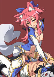 1boy abs animal_ear_fluff animal_ears arm_support bangs blush bow breasts character_request clothed_sex copyright_request duplicate eyebrows_visible_through_hair female guided_penetration hair_between_eyes hair_ornament hairbow long_hair navel ningen_(ningen96) nipples oerba_yun_fang open_mouth pectorals pink_hair red_background ribbon sex sidelocks simple_background smile solo_focus straddling straight yellow_eyes