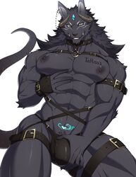 2021 3_eyes aaassstaro abs anthro big_pecs black_body black_fur bulge canid canine canis choker clothed clothing fingerless_gloves forehead_gem fur furry genital_outline genitals gloves grin hair hand_on_bulge hand_on_penis handwear hi_res horn jewelry looking_at_viewer male male_only mammal mane mane_hair multi_eye muscular muscular_anthro muscular_male necklace nipples pecs penis penis_outline pubic_tattoo simple_background skimpy smile solo solo_male straps tattoo thong underwear wolf