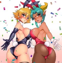 2017 2girls animal_ears armpits ass back bare_shoulders big_ass black_gloves black_leotard blue_eyes blush breasts bunny_ears bunny_girl bunny_tail bunnysuit carrera chacrawarrior chocolate_and_vanilla clothing collar confetti crossover dark-skinned_female dark_skin demon_girl demon_horns detached_collar double_ass_focus earrings elbow_gloves eyebrows_visible_through_hair fake_animal_ears fake_tail female female_only gloves gradient_background green_hair highres holding_hands horns igawa_sakura interlocked_fingers inviting jewelry large_breasts leotard lipstick long_ears looking_at_viewer makeup monster_girl multiple_girls open_mouth orange_hair pantyhose pendant pink_lipstick pointy_ears reaching_out red_background red_eyes red_leotard short_hair sideboob standing stockings succubus succubus_horns symmetrical_docking taimanin_(series) taimanin_asagi teeth thick_thighs thighhighs thighs tongue viper_(series) viper_gts viper_gts_(ova) white_gloves zettai_ryouiki