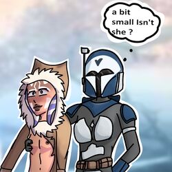 2girls age_difference ahsoka_tano alien alien_girl armor belt blush bo-katan_kryze breast_grab breast_squeeze breasts breasts_out carlac_(planet) clone_wars clothed clothed_female clothing coat dark_nipples death_watch duo embarrassed english_text exposed_breasts female female_focus female_only flat_chest from_behind grope groping groping_breasts helmet hood hood_up human humanoid interspecies jacket lesbian mandalorian mandalorian_armor mandalorian_helmet mr_lust multiple_girls nipples open_clothes open_coat orange_skin outside ripped_clothing small_breasts snow source_request standing star_wars tentacle tentacle_hair text the_clone_wars:_season_four togruta torn_clothes winter_clothes young younger_female