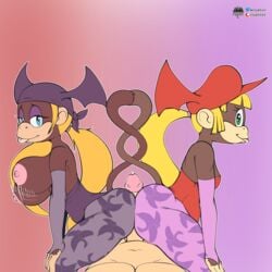 1boy 2girls anthro bouncing_breasts breasts buttjob clothing collaborative collaborative_hot_dogging collaborative_sex darkstalkers dixie_kong donkey_kong_(series) double_buttjob duo female first_person_view flat_chest fours_(artist) genitals haplorhine hi_res hot_dogging human large_breasts lilith_aensland_(cosplay) looking_at_viewer male mammal monkey morrigan_aensland_(cosplay) multiple_girls nintendo penis primate threesome tiny_kong video_games