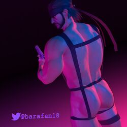 1boy 3d 3d_(artwork) arched_back ass back back_view bandana bara barafan18 beard bent_over big_ass big_butt brown_hair bubble_butt dat_ass facial_hair hair headband huge_ass human human_only impossible_clothes looking_at_viewer looking_back male male_focus male_only metal_gear metal_gear_solid muscle muscles muscular muscular_male neon_lights simple_background solid_snake solo solo_focus solo_male straps super_smash_bros. super_smash_bros._ultimate thick thick_ass thick_thighs thighs wide_hips