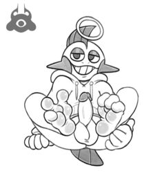 1mp 3_toes anthro balls black_and_white bottomless clothed clothing erection feet foot_focus genitals grin halo hand_on_leg hand_on_thigh hi_res hindpaw hoodie looking_at_viewer male male_foot_fetish male_only marshtomp monochrome nintendo paws penis pokémon_(species) pokemon raised_paw scraffles sketch smile solo spread_toes toes topwear video_games