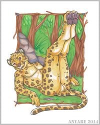 2014 anthro anyare ass balls black_pawpads black_spots felid forest genitals legs_up leopard lying male mammal nude on_back pantherine pawpads plant solo spots traditional_media_(artwork) tree white_body yellow_body