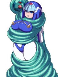 1girls android asphyxiation blue_eyes blue_hair bodysuit breasts clenched_teeth fairy_leviathan female impossible_bodysuit impossible_fit large_breasts mega_man mega_man_zero okra_sticky rainbow_devil restrained robot robot_girl simple_background slime squeezing tentacle tentacle_around_neck tentacle_around_waist thighs white_background