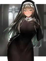 1girls bangs black_dress black_gloves blush breasts closed_mouth cross dress elbow_gloves female gloves grey_hair habit hair_between_eyes hand_on_own_chest highres large_breasts long_hair long_sleeves looking_at_viewer nun original wide_sleeves yellow_eyes yuyu_(yuyuworks)