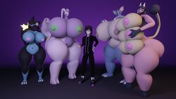 3d_(artwork) anthro ass belly big_breasts big_butt black_body black_clothing blender_(software) blue_body breasts brown_nipples clothing darkdraketom digital_media_(artwork) female goodra green_nipples group hand_on_breast hand_on_butt hi_res hooves horn huge_breasts human looking_at_viewer luxray male mammal miltank nidoqueen nintendo nipples pink_body pink_nipples pokemon pokemon_(species) purple_body simple_background thick_thighs video_games wide_hips