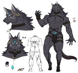 2021 3_eyes aaassstaro abs anthro big_pecs bulge canid canine canis choker clothing detailed_bulge fingerless_gloves genitals gloves grin hand_on_bulge hand_on_penis handwear horn jewelry male male_only mammal mane model_sheet multi_eye muscular muscular_anthro muscular_male necklace nipples pecs penis simple_background smile solo solo_male straps wolf