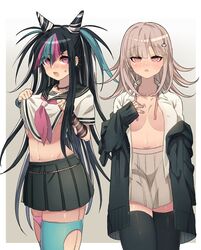 2girls big_breasts black_hair blue_hair blush danganronpa danganronpa_2:_goodbye_despair female_only hairclip ks lifting_clothing lifting_shirt long_sleeves looking_away medium_hair mioda_ibuki multiple_girls nanami_chiaki pale-skinned_female pale_skin pink_eyes pink_hair pov_eye_contact rockstar school_uniform schoolgirl small_breasts spiky_hair straight_hair super_danganronpa_2 tattoo thighs wavy_hair