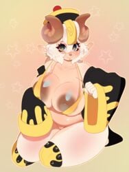 anthro big_breasts blush bottomless bovid breasts caprine clothed clothing female genitals hair hi_res higgyy mammal pussy solo thick_thighs white_hair