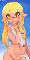 ? ambiguous_gender animal_humanoid anthro blush bottomless cephalopod cephalopod_humanoid clothing humanoid inkling inkling_girl jtveemo looking_at_viewer mask_(marking) new_agent_3_(splatoon) nintendo pointy_ears pseudo_hair smooth_skin solo splatoon splatoon_3 squid tentacle tentacle_hair veronika_(splatoon)