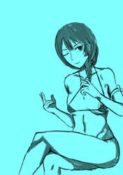 blue_background crossed_legs es_(alter_ego) fishbone_braid sketch skimpy_bikini tagme winking_at_viewer