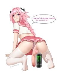 1boy anus ass astolfo_(fate) astolfo_monster_cosplay_(meme) balls big_penis blush crossdressing eye_contact fate/grand_order fate_(series) femboy feminine_male gay girly highres hung_trap large_penis looking_at_viewer male male_only meme monster_energy panties panties_aside penis pink_hair pink_skirt skirt solo solo_male speech_bubble testicles text thick_penis thigh_gap thighhighs thighs trap whargleblargle