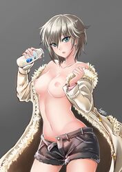 anastasia_(idolmaster) blue_eyes female fur-trimmed_cape fur-trimmed_coat fur-trimmed_hood fur-trimmed_jacket fur_clothing fur_coat fur_collar fur_jacket fur_trim idolmaster_cinderella_girls milk nipples no_bra pixie_cut short_hair silver_hair white_hair