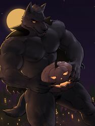 canine cape covered_penis dopq furry halloween jack-o'-lantern male_only muscular muscular_male pumpkin wolf