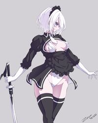 1girl 1girls 2020 artist_signature black_dress black_legwear blue_eyes breasts cleavage clothed clothed_female eyes gloves hairband hips holding_weapon maid maid_uniform nier:_automata pale-skinned_female scarlet_zel stockings sword thighhighs thighs white_hair yorha_2b