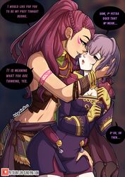 2girls bernadetta_von_varley blush bracelet braid breasts brown_eyes claiming cleavage dark_skin dialogue earrings english_text facial_mark female female_only femdom fire_emblem fire_emblem:_three_houses gentle_femdom gloves heart heart-shaped_pupils highres human jewelry kinkymation lezdom lezsub multiple_girls necklace nintendo petra_macneary pink_hair ponytail post-timeskip purple_eyes purple_hair royalty shy signature skirt smile speech_bubble sweat symbol-shaped_pupils text watermark web_address yellow_gloves yuri