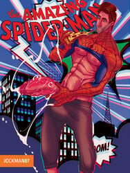 1boy abs biceps cum excessive_cum half-dressed huge_cock hyper_penis jockman87 male male_only marvel masturbation muscular pecs peter_b_parker solo spider-man spider-man_(series) stubble yaoi