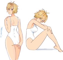 1girls adjusting_swimsuit ass blonde_female blonde_hair cheryl_mason dirty_blonde_hair eyeshadow female female_protagonist freckles hand_on_shoulder hazel_eyes heather_mason highleg_swimsuit legs looking_at_viewer looking_back looking_down looking_nervous looking_to_the_side messy_hair neutral_expression one-piece_swimsuit pose short_blonde_hair short_hair shy silent_hill silent_hill_3 sitting sitting_down smiling sooperman swimsuit tired_eyes white_swimsuit