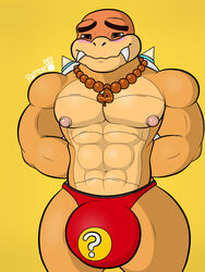 1boy abs animal_humanoid arms_behind_back bara big_bulge blush bodily_fluids boom_boom_(mario) bulge collar erection gay genital_fluids genitals hi_res horn humanoid koopa koopa_humanoid male male_nipples male_only mario_(series) muscular muscular_humanoid muscular_male nintendo pecs penis raptorart reptile reptile_humanoid scalie scalie_humanoid solo underwear video_games