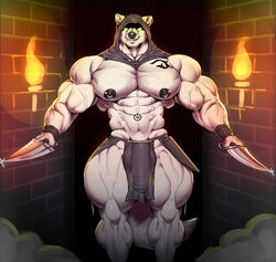 2021 abs anthro balls balls_outline bara biceps big_muscles big_penis bottomwear bulge canid canine canis clothing dagger dungeon ear_piercing ear_ring facial_piercing flaccid genital_outline genitals hood loincloth looking_at_viewer male mammal melee_weapon muscles muscular muscular_anthro muscular_male navel nipple_piercing nipple_ring nipples nose_piercing nose_ring pecs penis penis_outline piercing quads smile solo standing sxfpantera tattoo thick_thighs weapon wolf yaoi