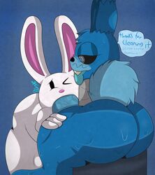 2boys anthro ass big_ass big_butt big_penis blue_background blue_body blue_skin digital_media_(artwork) drool drooling duo ears_up english_text erection eyelashes fellatio five_nights_at_freddy's fur furry gay genitals half-closed_eyes hand_on_leg hand_on_thigh huge_ass humanoid_penis implied_smegma lagomorph legs leporid male male_only mammal max_(sam_and_max) naked nude one_eye_closed open_mouth oral penis plushtrapboyuwu rabbit ragplush_(plushtrapboyuwu) robot robot_boy robot_femboy robotic_arm saliva saliva_on_penis sam_and_max sex shortstack simple_background smile speech_bubble sweat sweatdrop sweaty sweaty_ass sweaty_butt sweaty_thighs tail teeth text thick thick_ass thick_legs thick_penis thick_thighs thighs tongue_out vein veins veiny_penis video_games wet whiskers white_body white_fur wide_hips young