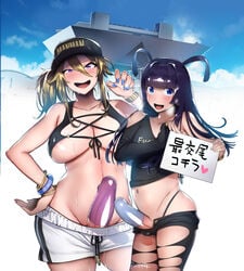 1boy 1futa baseball_cap black_hair blonde_hair blue_eyes blue_nails bracelet breasts clothed clothing comiket_96 condom condom_on_penis crop_top crossdressing donbe_(itami) doujin_cover duo erection femboy futa_is_bigger futa_with_male futanari hand_on_hip hat highres holding holding_sign human itami_(artist) jewelry kuroi_(itami) large_penis leggings long_hair male nail_polish navel original otoko_no_ko pale_skin partially_clothed penis penis_size_difference purple_eyes short_shorts shorts sign standing sweat tokyo_big_sight torn_clothes torn_legwear trap