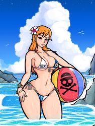 beach big_breasts big_lips bikini female female_only frealish huge_breasts nami ocean one_piece orange_hair smiling squish wide_hips