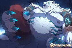 2020 abs animated anthro balls biceps censored claws fur genitals league_of_legends male male_only mammal masturbation muscular muscular_anthro muscular_male nipples pecs penis polar_bear riot_games short_playtime sollyz solo text url ursid ursine video_games volibear white_body white_fur