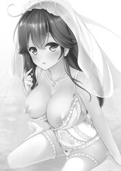 1girls ahoge arm_support breasts breasts_out bride bride_veil bustier chiyami eyebrows_visible_through_hair female frilled_camisole frilled_legwear hand_on_hair i_love_my_admiral_2 jewelry kantai_collection lingerie long_hair looking_at_viewer necklace nipple_slip nipples ribbon_panties thighhighs ushio wariza