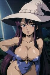 ai_generated bikini breasts clothing dark_skin female female female_only hat headwear high_resolution large_breasts large_filesize lingerie mature mature_female purple_eyes purple_hair retromage solo swimsuit tanned underwear very_high_resolution witch witch_hat