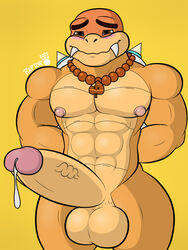 1boy abs animal_humanoid arms_behind_back balls bara big_balls big_penis blush bodily_fluids boom_boom_(mario) collar erection gay genital_fluids genitals hi_res horn humanoid koopa koopa_humanoid male male_nipples male_only mario_(series) muscular muscular_humanoid muscular_male nintendo pecs penis raptorart reptile reptile_humanoid scalie scalie_humanoid simple_background solo testicles video_games